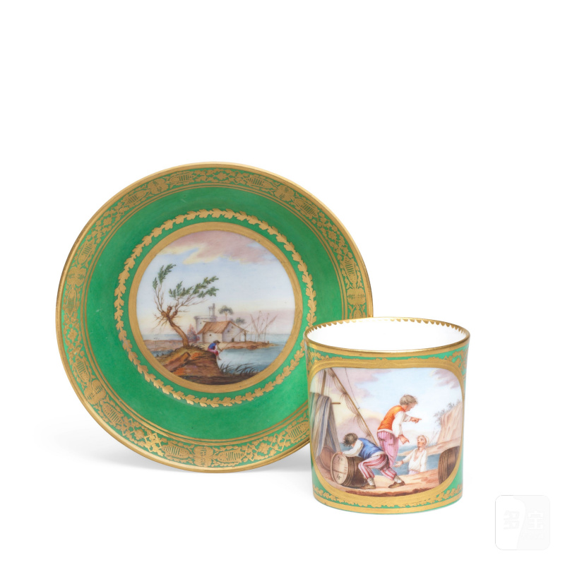 A large Sèvres green-ground cup and saucer (gobelet litron et soucoupe), dated 1781